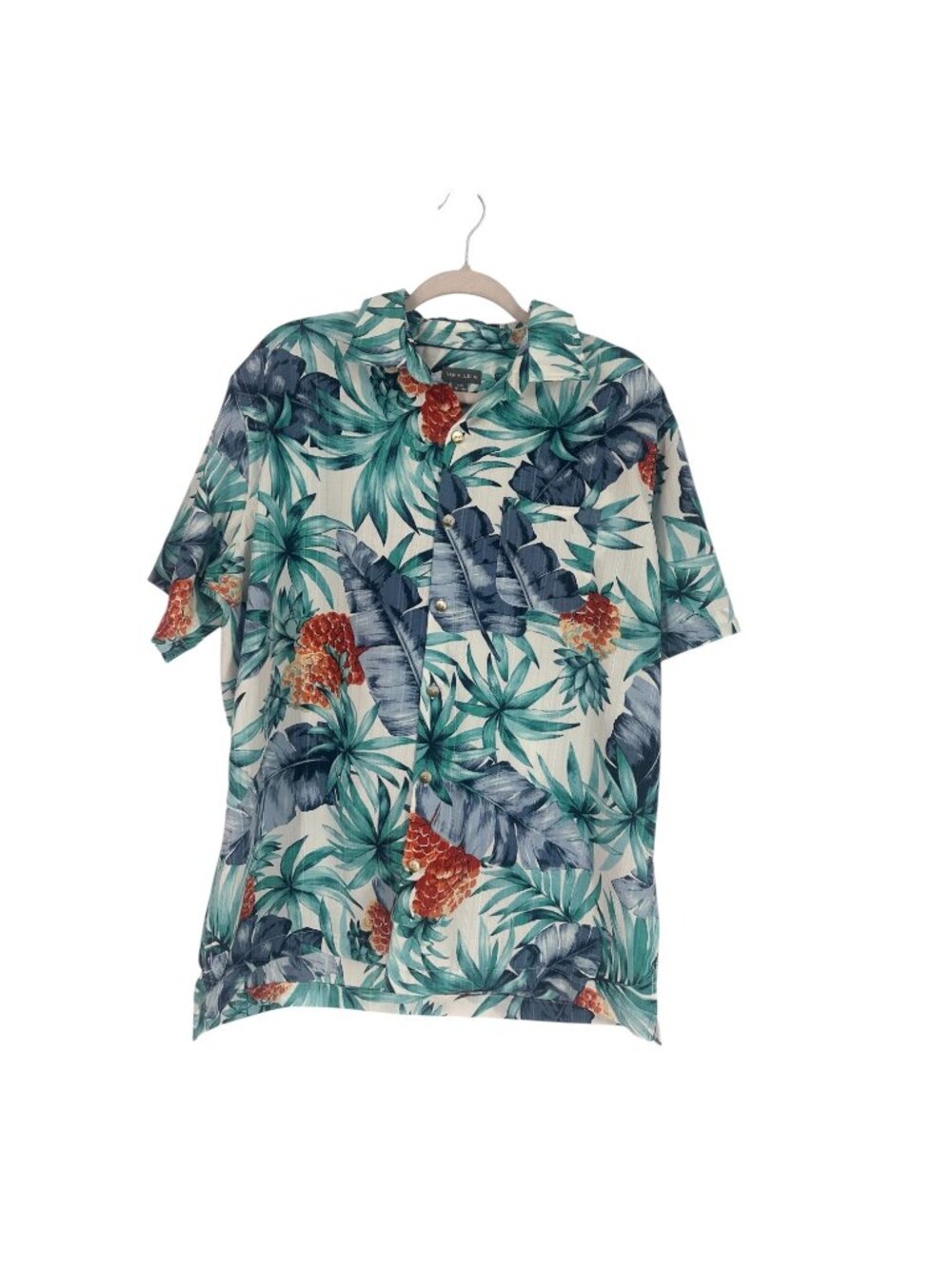 Van Heusen Men Large L White Tropical Pineapple Hawaiian Camp Shirt Resort
